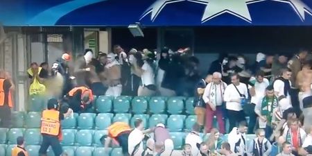 Legia Warsaw fans caught on film pepper spraying stewards as Champions League clash turns violent