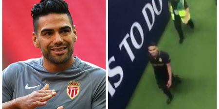 Radamel Falcao reminds taunting Spurs fans of the score as he leaves Wembley pitch