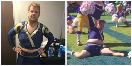 Watch James Corden and co strut their stuff as cheerleaders for the LA Rams