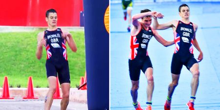 Alistair Brownlee saves brother Jonny from collapsing near finish line and helps him complete race