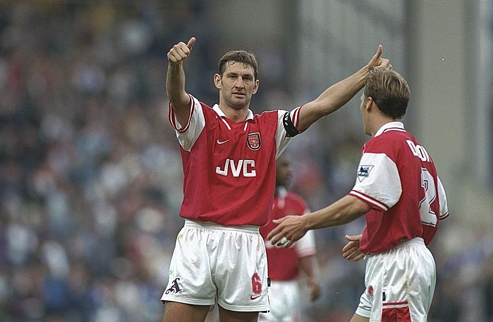 12 Oct 1996: Tony Adams of Arsenal salutes the crowd after his team's victory during the FA Carling Premier league match between Blackburn Rovers and Arsenal at Ewood Park in Blackburn. Arsenal went onto win the match by 0-2. Mandatory Credit: Shaun Botterill/Allsport