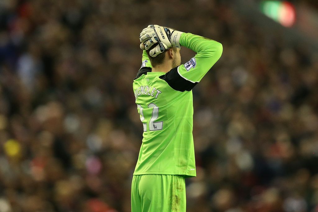 LIVERPOOL, ENGLAND - MAY 11: Simon Mignolet of Liverpool reacts during the Barclays Premier League match between Liverpool and Chelsea at Anfield on May 11, 2016 in Liverpool, England. (Photo by Chris Brunskill/Getty Images)