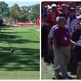 Watch a Ryder Cup golfer somehow land his drive on his opponent’s dad’s backpack