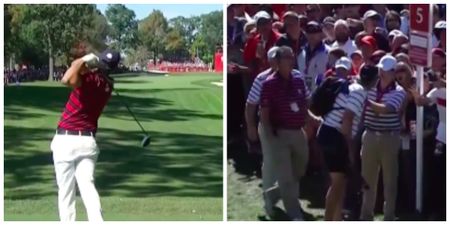 Watch a Ryder Cup golfer somehow land his drive on his opponent’s dad’s backpack