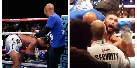 Tony Bellew restrained as he tries to confront David Haye before he delivers a cracking interview