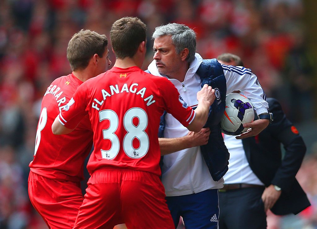 Juan Mourinho, goofin around with a soccer ball making two Liverpool players real mad