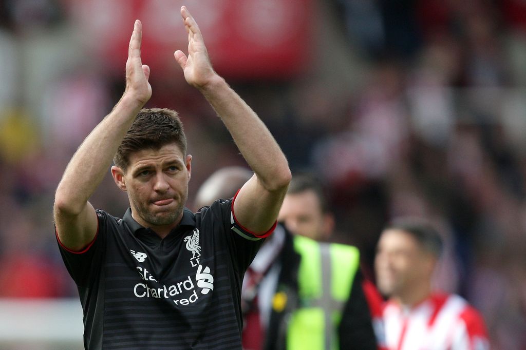 STOKE ON TRENT, ENGLAND - MAY 24: Steven Gerrard of Liverpool applauds the fans after the Barclays Premier League match between Stoke City and Liverpool at Britannia Stadium on May 24, 2015 in Stoke on Trent, England. (Photo by Dave Thompson/Getty Images)