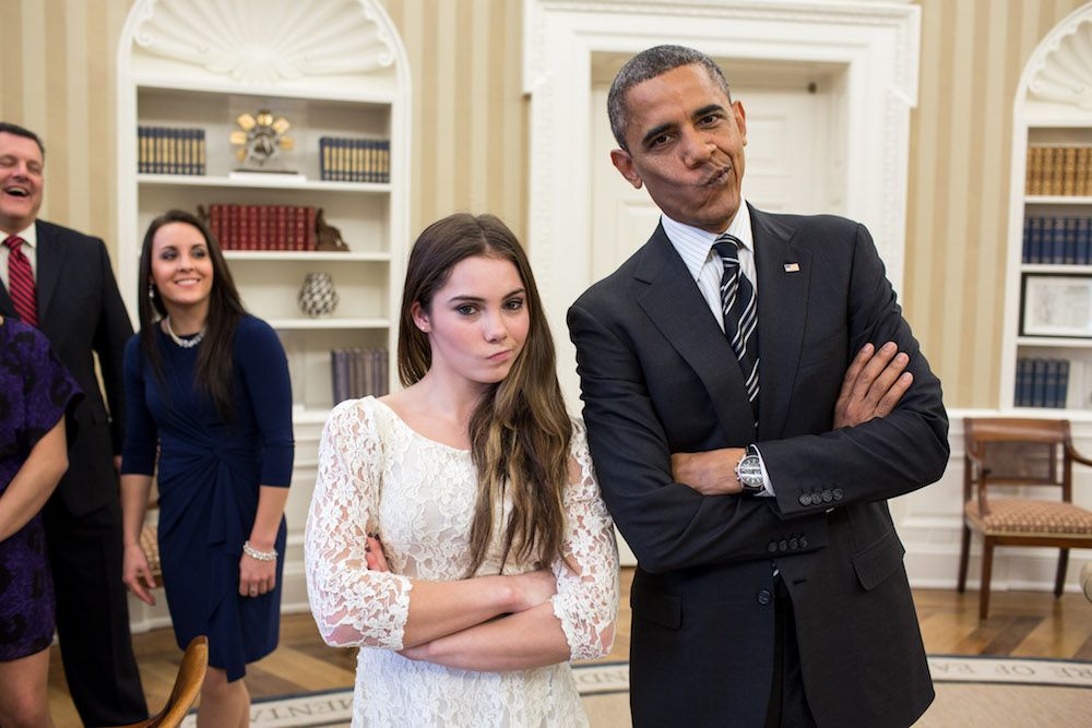 President Barack Obama mimics gymnast McKayla Maroney's signature look as he welcomes the 2012 U.S. Olympic gymnastics teams in the Oval Office, Nov. 15, 2012. Gymnasts include: Gabby Douglas, Kyla Ross, Aly Raisman, and Jordyn Wieber. (Official White House Photo by Pete Souza)