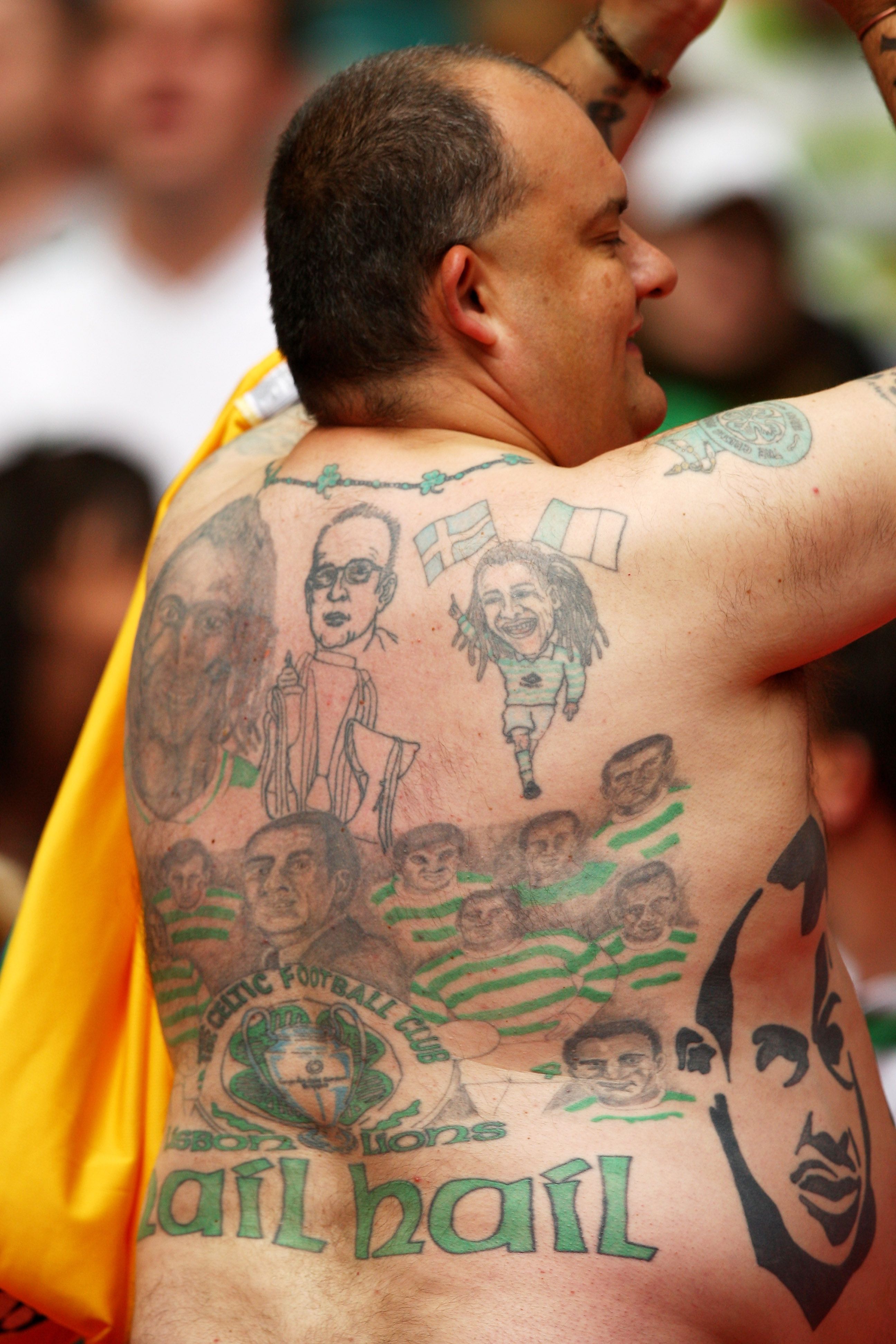 LONDON, ENGLAND - JULY 26: A celtic fan displays his tattoos during the Wembley Cup match between Celtic and Tottenham Hotspur at Wembley Stadium on July 26, 2009 in London, England. (Photo by Richard Heathcote/Getty Images)