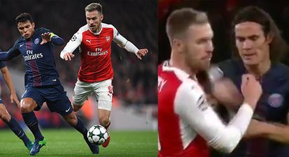 Aaron Ramsey’s jaw just about remains intact after being flicked by Edison Cavani
