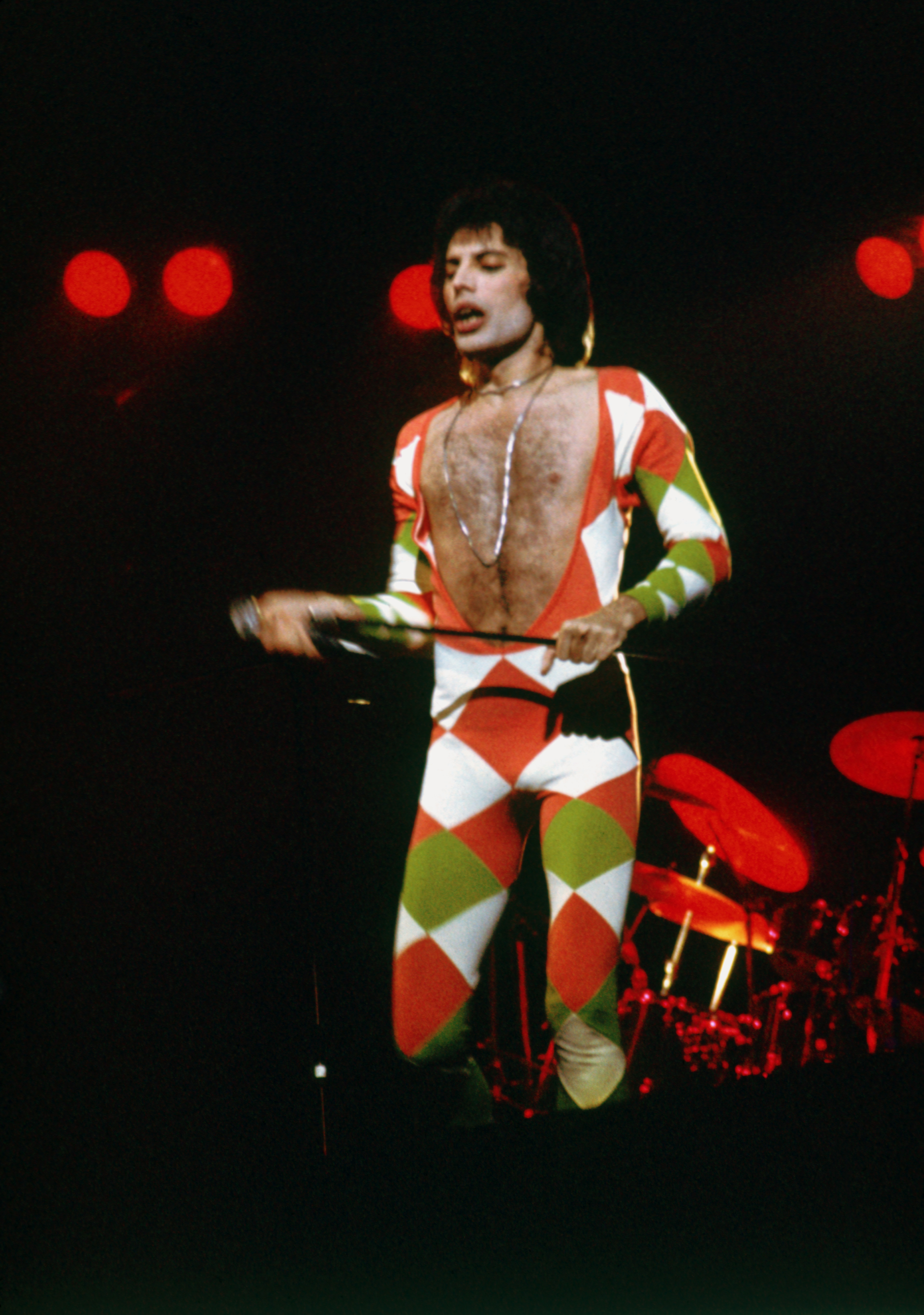 Freddie Mercury (1946 - 1991) in concert with his hard rock group Queen, June 1977. (Photo by Hulton Archive/Getty Images)