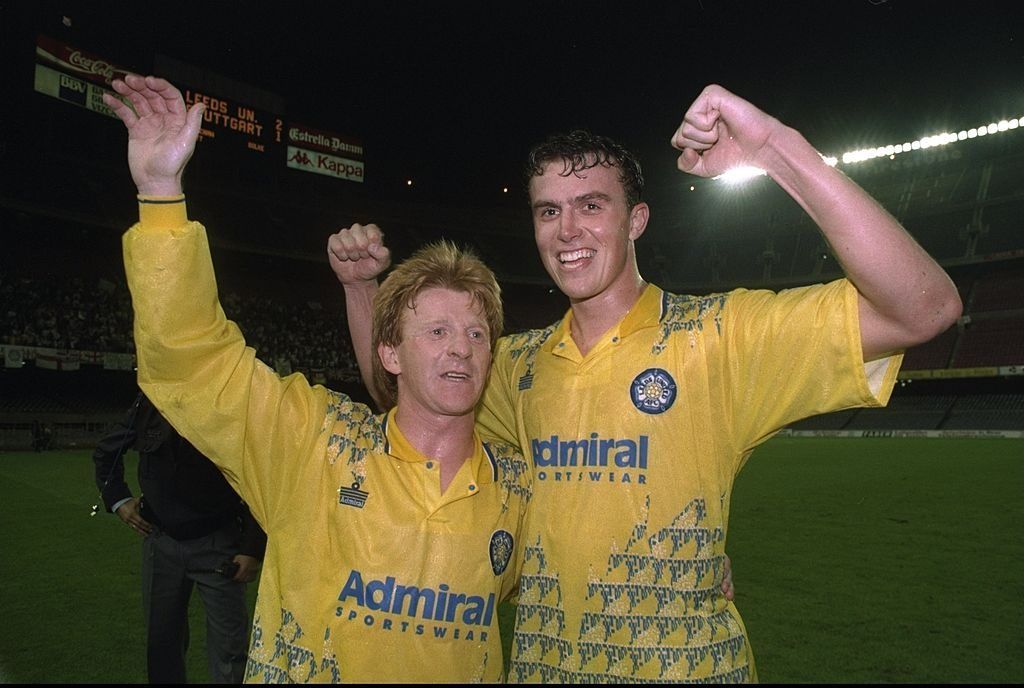 1992: Gordon Strachan (left) and Jon Newsome (right) both of Leeds celebrate after winning the European Cup first round replay match against Stuttgart in Barcelona, Spain. Leeds won the match 2-1. Mandatory Credit: Allsport UK /Allsport