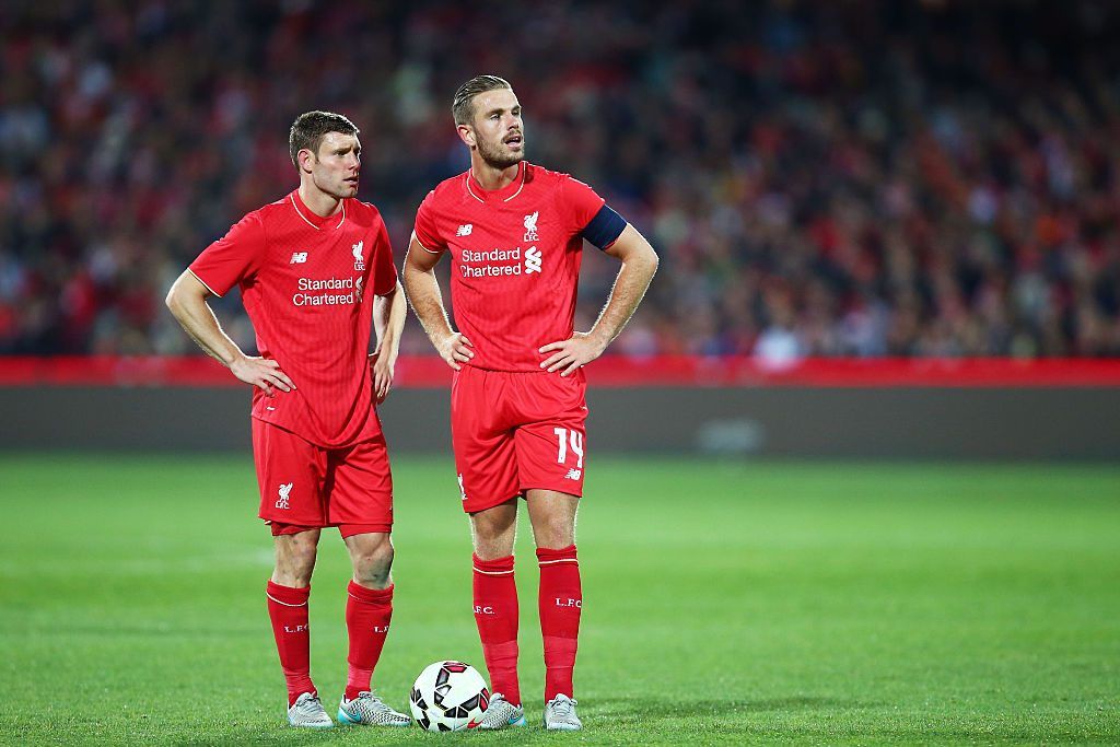 ADELAIDE, AUSTRALIA - JULY 20: James Milner (L) of Liverpool talks to Jordan Henderson of Liverpool (R) during the international friendly match between Adelaide United and Liverpool FC at Adelaide Oval on July 20, 2015 in Adelaide, Australia. (Photo by Matt King/Getty Images)