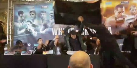 Press conference descends into chaos as Dereck Chisora launches table at Dillian Whyte