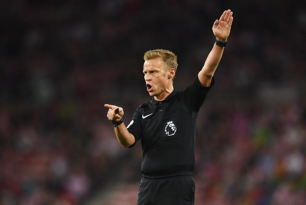 SUNDERLAND, ENGLAND - SEPTEMBER 12: Referee Mike Jones signals during the Premier League match between Sunderland and Everton at Stadium of Light on September 12, 2016 in Sunderland, England. (Photo by Laurence Griffiths/Getty Images)