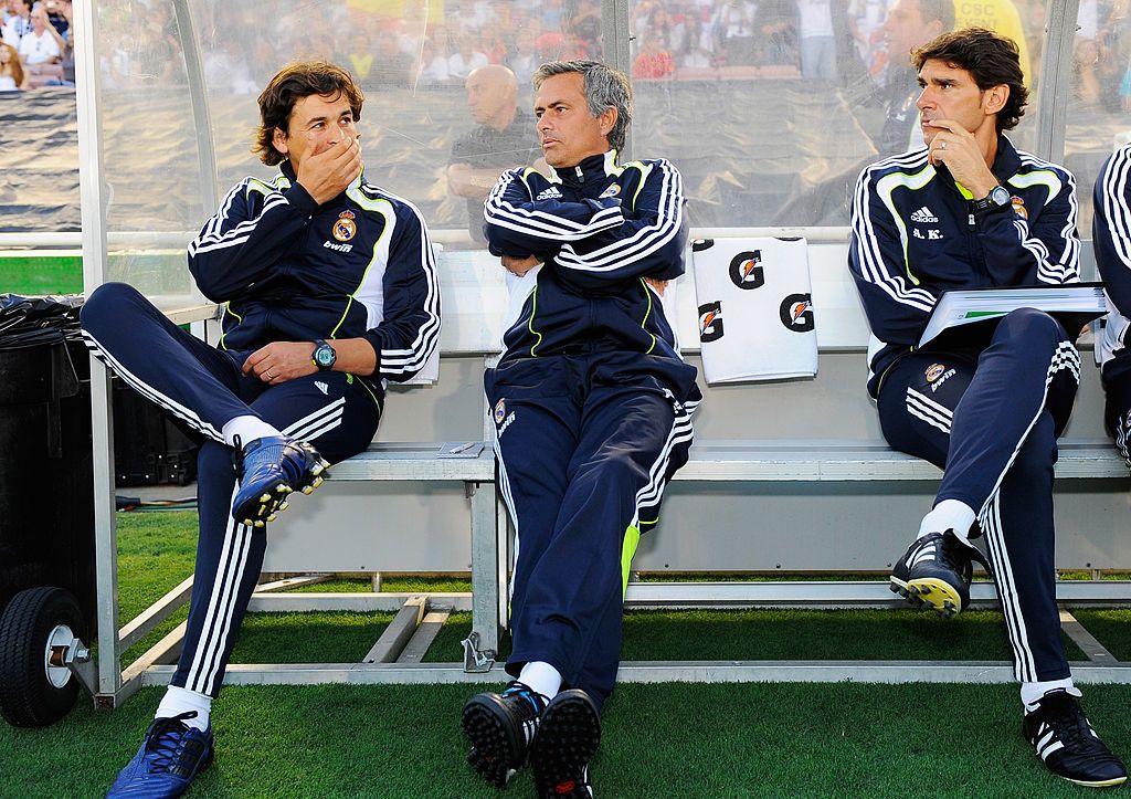 PASADENA, CA - AUGUST 07: Real Madrid coach Jose Mourinho (C) and assistants coach Rui Faria (L) and Aitor Karanka during their pre-season friendly soccer match against Los Angeles Galaxy on August 7, 2010 at the Rose Bowl in Pasadena, California. Real Madrid will travel back to Spain after the soccer match completing their pre-season USA tour. (Photo by Kevork Djansezian/Getty Images)