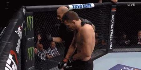 UFC fighter’s cup breaks just 20 seconds into fight causing commentators to crack up