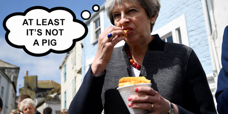 Theresa May’s inner monologue as she awkwardly eats a cone of chips