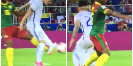 Watch as Cameroon player quite literally tackles the shorts off his Chilean opponent