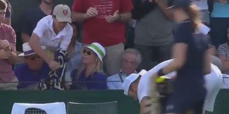 Youngster has towel ripped away by old a-hole in Wimbledon crowd