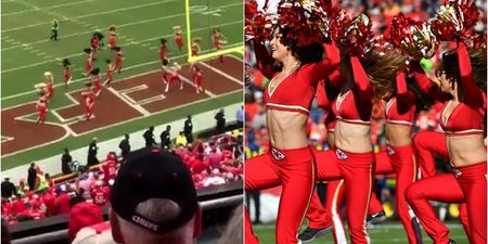Chiefs cheerleader gets absolutely flattened by cameraman but soldiers on