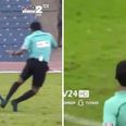 Incredibly clumsy referee runs into a player, falls over, then books him for the ’foul’