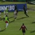 Ecuador player treats corner flag like a spear to avoid being attacked