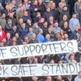 Crystal Palace fans unveiled a banner in support of safe standing at Selhurst Park today