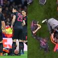 Diego Costa consoles Laurent Koscielny as he’s stretchered off in agony against Atletico Madrid