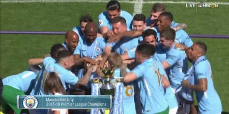 WATCH: Manchester City team knock Premier League trophy over during winner’s presentation