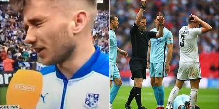 Tranmere defender swears on live TV after teammates bail him out in play-off final