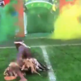 South African tribal dancers try to frighten England Rugby team, slip all over soaking wet pitch