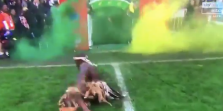 South African tribal dancers try to frighten England Rugby team, slip all over soaking wet pitch