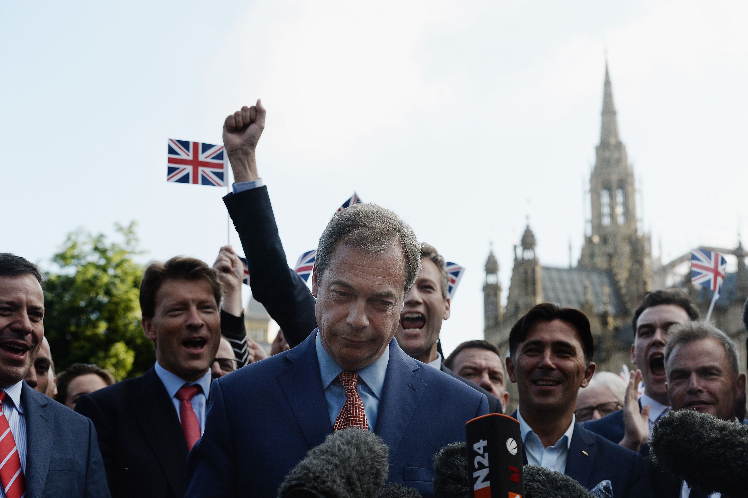 LONDON, ENGLAND - JUNE 24: Leader of UKIP and Vote Leave campaign Nigel Farage arrives to speak to the assembled media at College Green, Westminster following the results of the EU referendum on June 24, 2016 in London, United Kingdom. The result from the historic EU referendum has now been declared and the United Kingdom has voted to LEAVE the European Union. (Photo by Mary Turner/Getty Images)
