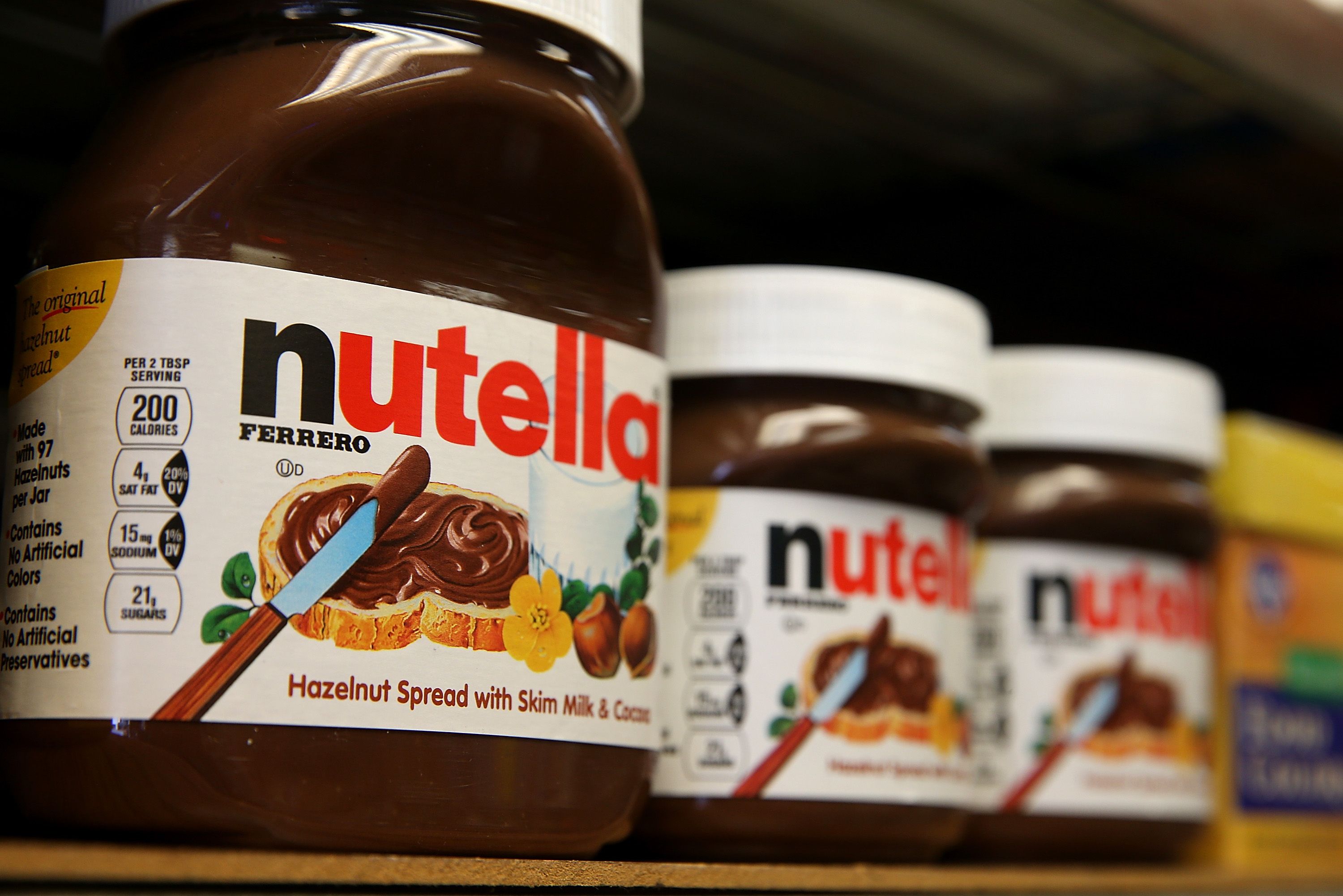 SAN FRANCISCO, CA - AUGUST 18: Jars of Nutella are displayed on a shelf at a market on August 18, 2014 in San Francisco, California. The threat of a Nutella shortage is looming after a March frost in Turkey destroyed nearly 70 percent of the hazelnut crops, the main ingredient in the popular chocolate spread. Turkey is the largest producer of hazelnuts in the world. (Photo by Justin Sullivan/Getty Images)