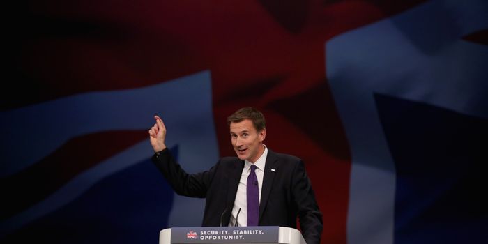 MANCHESTER, ENGLAND - OCTOBER 06: Health Secretary Jeremy Hunt delivers his keynote speech to delegates during the Conservative Party Conference on October 6, 2015 in Manchester, England. Home Secretary Theresa May addressed delegates on day three of the Conservative Party conference at Manchester Central and warned that it is "impossible to build a cohesive society" and the UK needs to have an immigration limit. (Photo by Christopher Furlong/Getty Images)