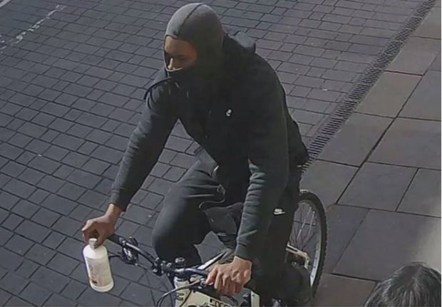 Undated handout photo issued by Thames Valley Police of Xeneral Webster riding away from the scene of the acid attack on Joanne Rand in Frogmoor, High Wycombe, carrying a bottle of acid. Webster, 19, is to be sentenced for what is thought to be the first acid killing in the UK after he plead guilty to the manslaughter of Joanne Rand.