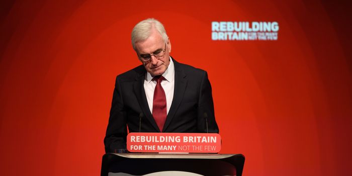LIVERPOOL, ENGLAND - SEPTEMBER 24: Shadow Chancellor of the Exchequer John McDonnell addresses delegates in the Exhibition Centre Liverpool during day two of the annual Labour Party conference on September 24, 2018 in Liverpool, England. Labour's official slogan for the conference is ?Rebuilding Britain, for the many, not the few?. (Photo by Leon Neal/Getty Images)