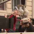 World Series trophy broken by beer can thrown by fan during Red Sox parade