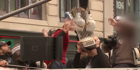 World Series trophy broken by beer can thrown by fan during Red Sox parade