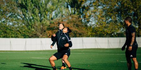 All Blacks test out their football skills with a little help from the F2 Freestylers