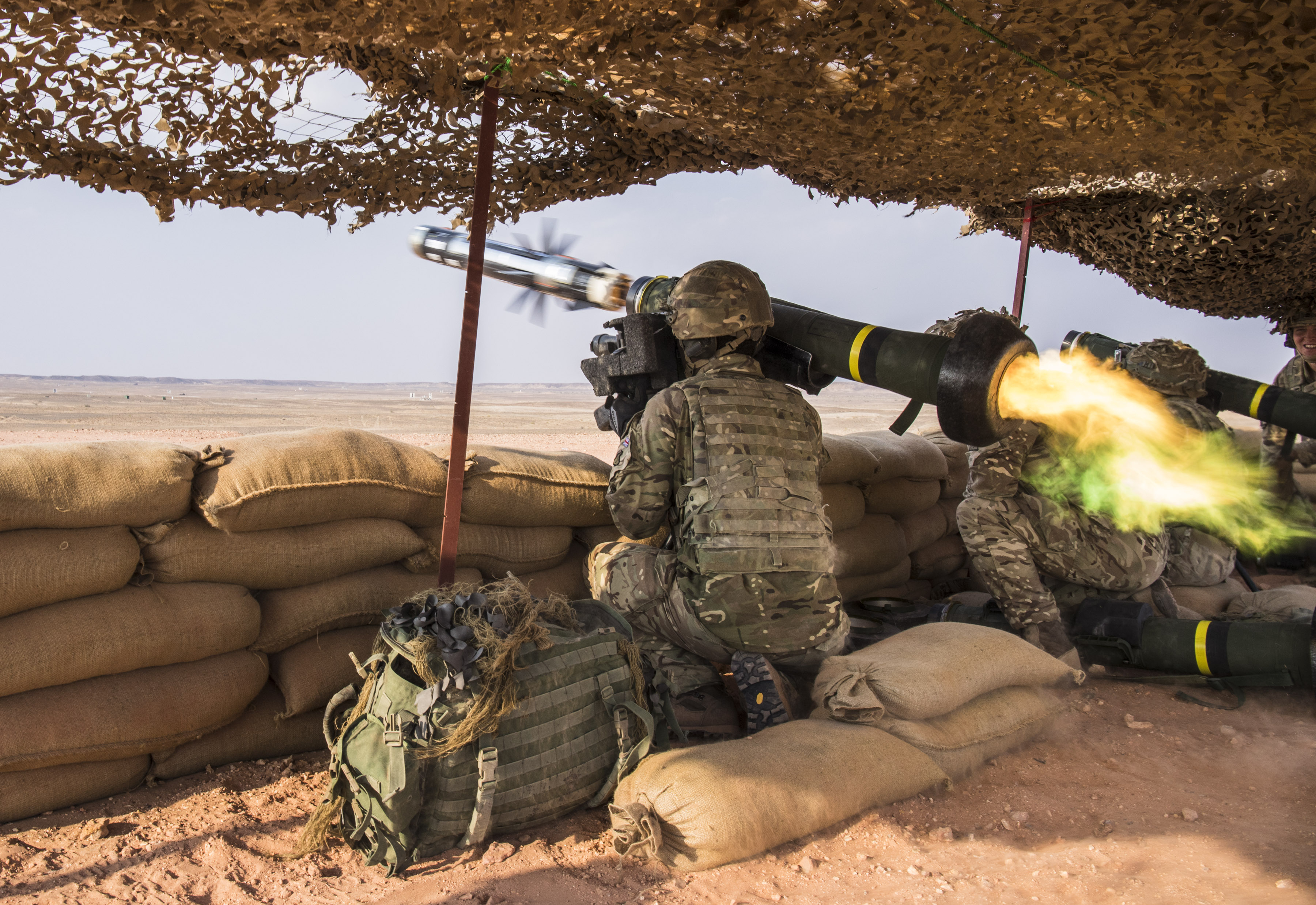 Pictured: A Javelin missile is fired by 1 Mercian at the Fire Power Demonstation Area near the Convoy Support Centre during Exercise Saif Sareea 3 in Oman. A total of 4 Javelin missiles were fired today for training purposes at the Fire Power Demonstation Area by The British Army 1 Mercian Unit.