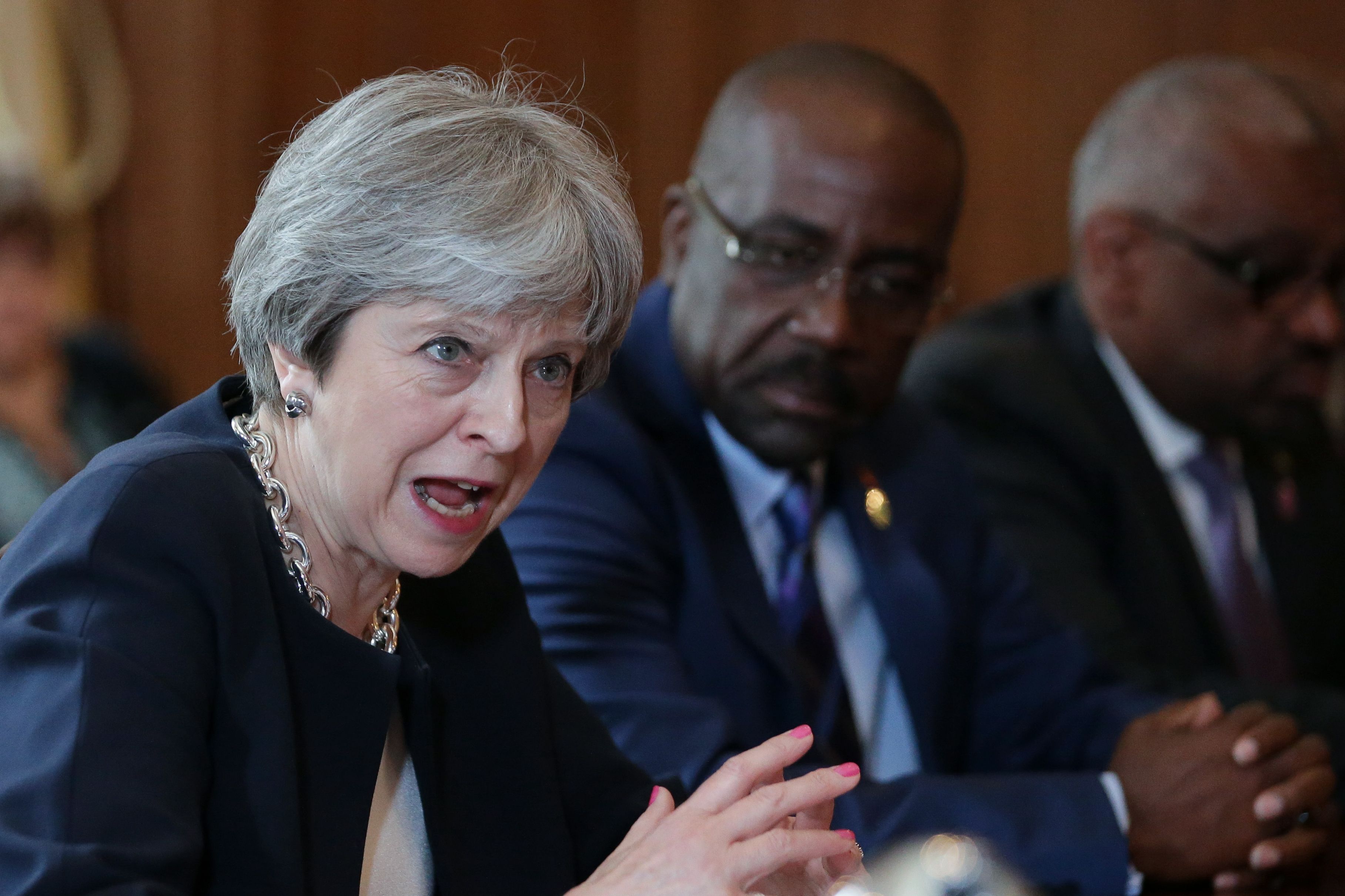 LONDON, ENGLAND - APRIL 17: Britain's Prime Minister Theresa May hosts a meeting with leaders and representatives of Caribbean countries at 10 Downing Street on April 17, 2017 in London, England. Theresa May is meeting Caribbean leaders as the Government faces severe criticism over the treatment of the "Windrush" generation of British residents. (Photo by Daniel Leal-Olivas - WPA Pool/Getty Images)