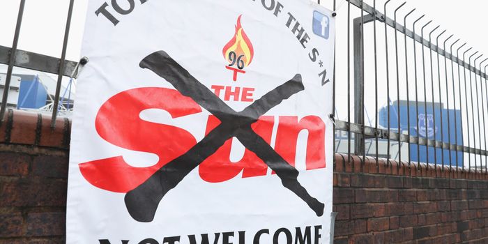 LIVERPOOL, ENGLAND - MARCH 18: Protest banners against buying the The Sun newspaper are seen outside the stadium prior to the Premier League match between Everton and Hull City at Goodison Park on March 18, 2017 in Liverpool, England. (Photo by Mark Robinson/Getty Images)