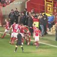 Charlton fan crunches own player during wild goal celebrations
