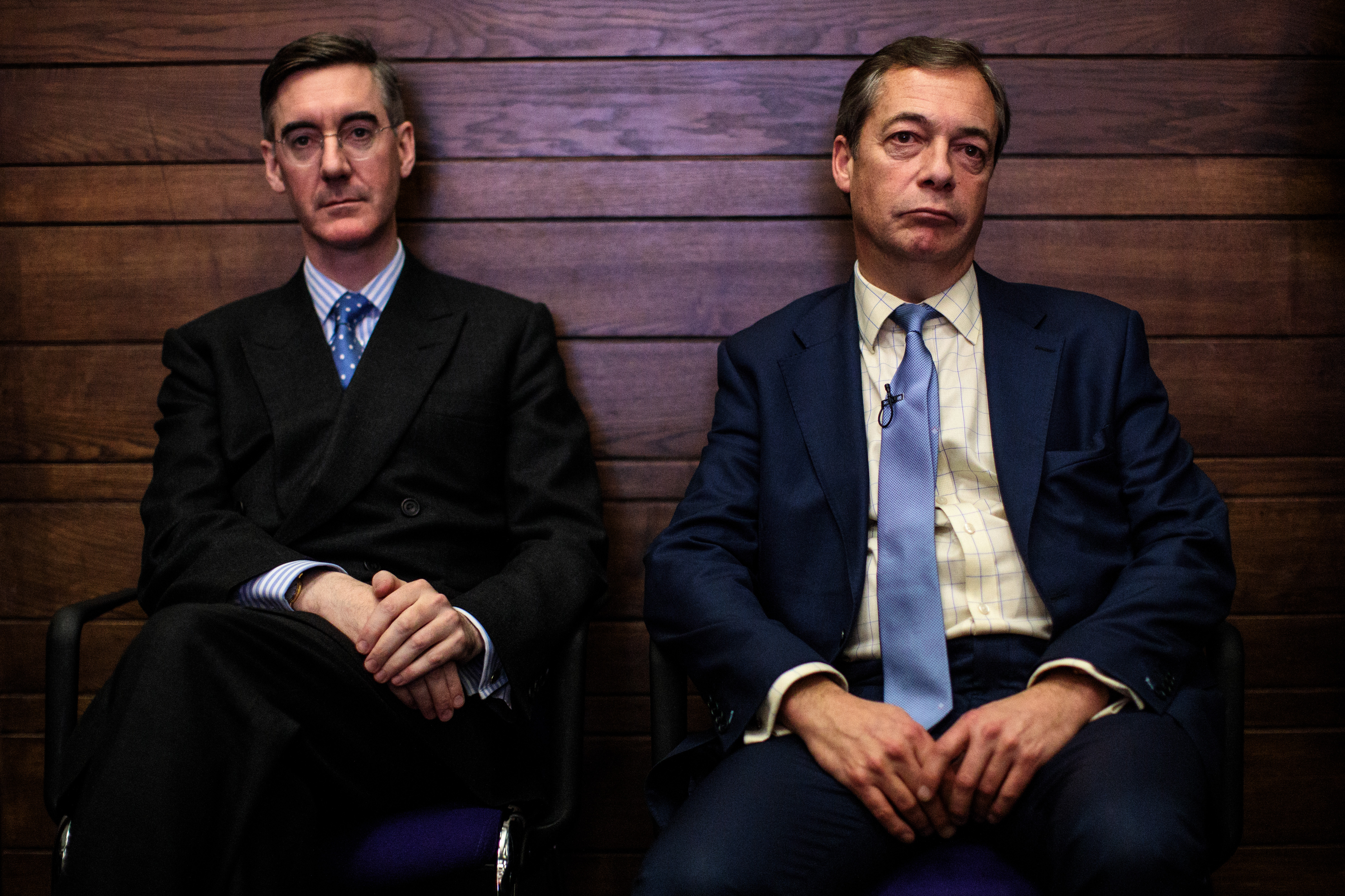 LONDON, ENGLAND - DECEMBER 14: Conservative MP Jacob Rees-Mogg and British MEP Nigel Farage attend a 'Leave Means Leave' Brexit rally at the Queen Elizabeth II Centre on December 14, 2018 in London, England. Several politicians and public figures will speak at a series of rallies by the Leave Means Leave campaign calling on the Government to push ahead with Britain's swift departure from the European Union. (Photo by Jack Taylor/Getty Images)