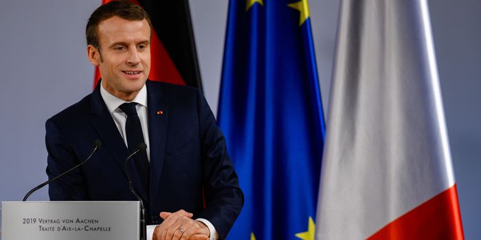 AACHEN, GERMANY - JANUARY 22: French President Emmanuel Macron speaks during a ceremony to mark the signing of the Aachen Treaty on January 22, 2019 in Aachen, Germany. The treaty is meant to deepen cooperation between the countries as a means to also strengthen the European Union. It comes 56 years to the day after then German Chancellor Konrad Adenauer and French President Charles de Gaulle signed the Elysee Treaty, or Joint Declaration of Franco-German Friendship. (Photo by Sascha Schuermann/Getty Images)