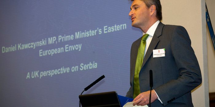 LONDON, UNITED KINGDOM - OCTOBER 29: Serbian MP Daniel Kawczynski, Eastern European Envoy, makes a speech at the Serbia Investment Day at Central Hall Westminster, on October 29, 2014 in London, United Kingdom. The conference is part of plans to foster business relations between the UK and Serbia, creating investment options in Serbia, to support the country's emerging economic development. (Photo by Peter Dench/Getty Images for Serbia Investment Day)