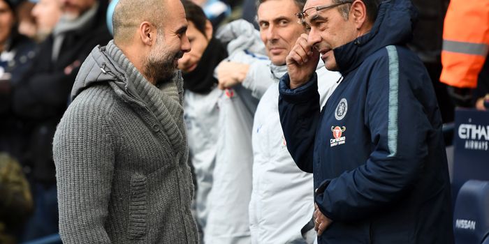 MANCHESTER, ENGLAND - FEBRUARY 10: Maurizio Sarri, Manager of Chelsea speaks to Josep Guardiola, Manager of Manchester City prior to the Premier League match between Manchester City and Chelsea FC at Etihad Stadium on February 10, 2019 in Manchester, United Kingdom. (Photo by Michael Regan/Getty Images)