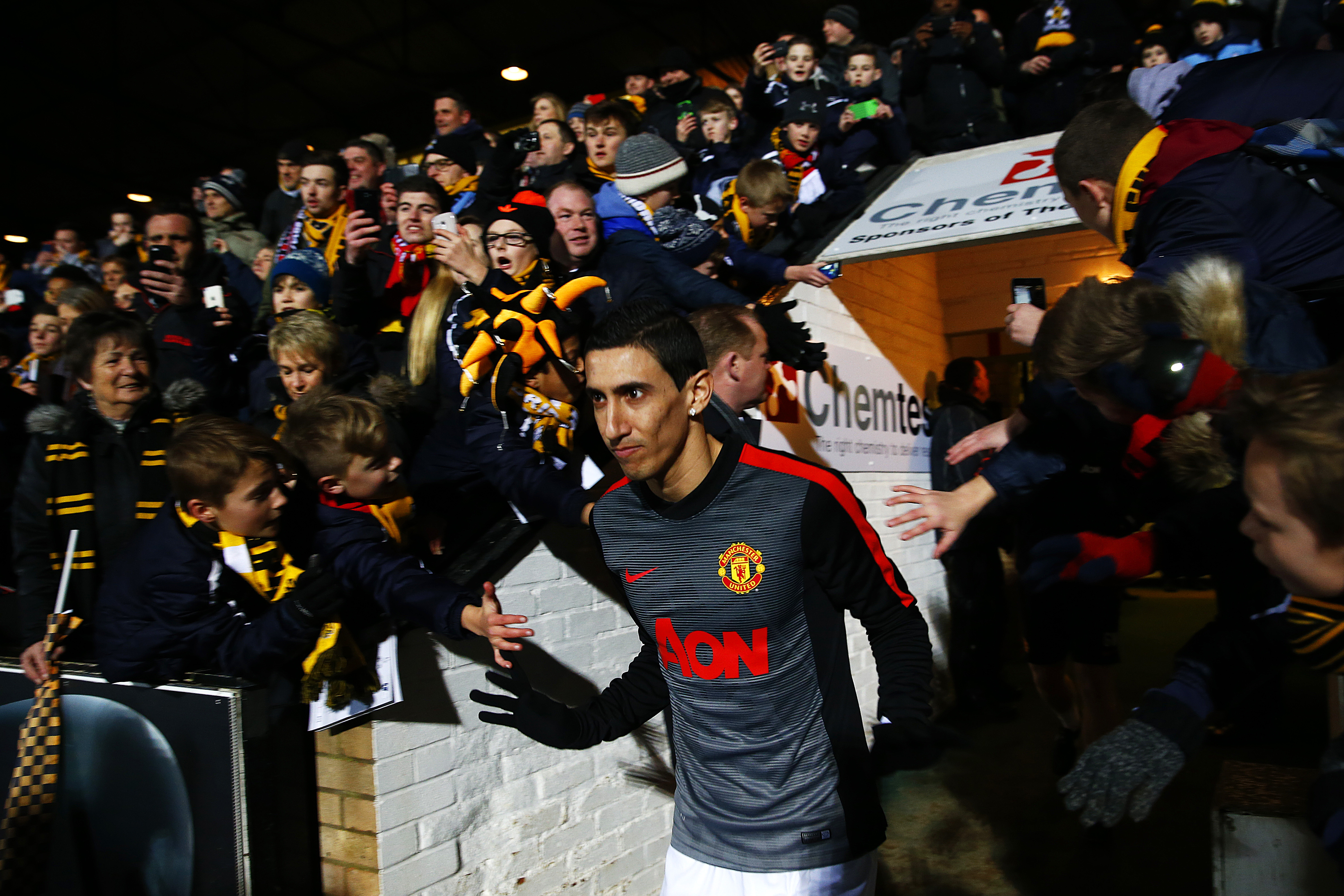 CAMBRIDGE, ENGLAND - JANUARY 23: Angel di Maria of Manchester United walks out for the warm-up before the FA Cup Fourth Round match between Cambridge United and Manchester United at The R Costings Abbey Stadium on January 23, 2015 in Cambridge, England. (Photo by Julian Finney/Getty Images)